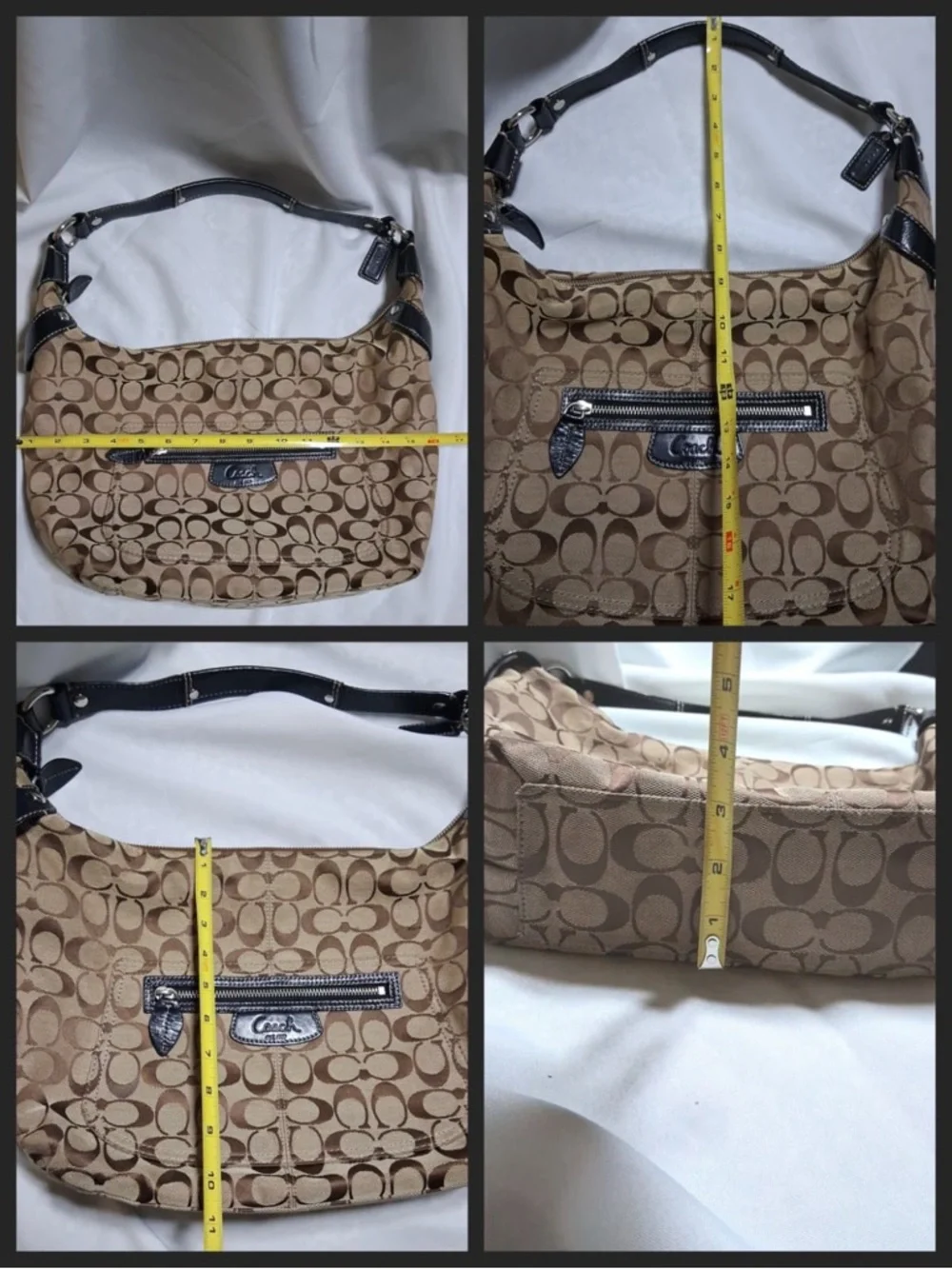 COACH Penelope Signature Hobo Canvas Bag Tan Brown with Black Handle and Trim